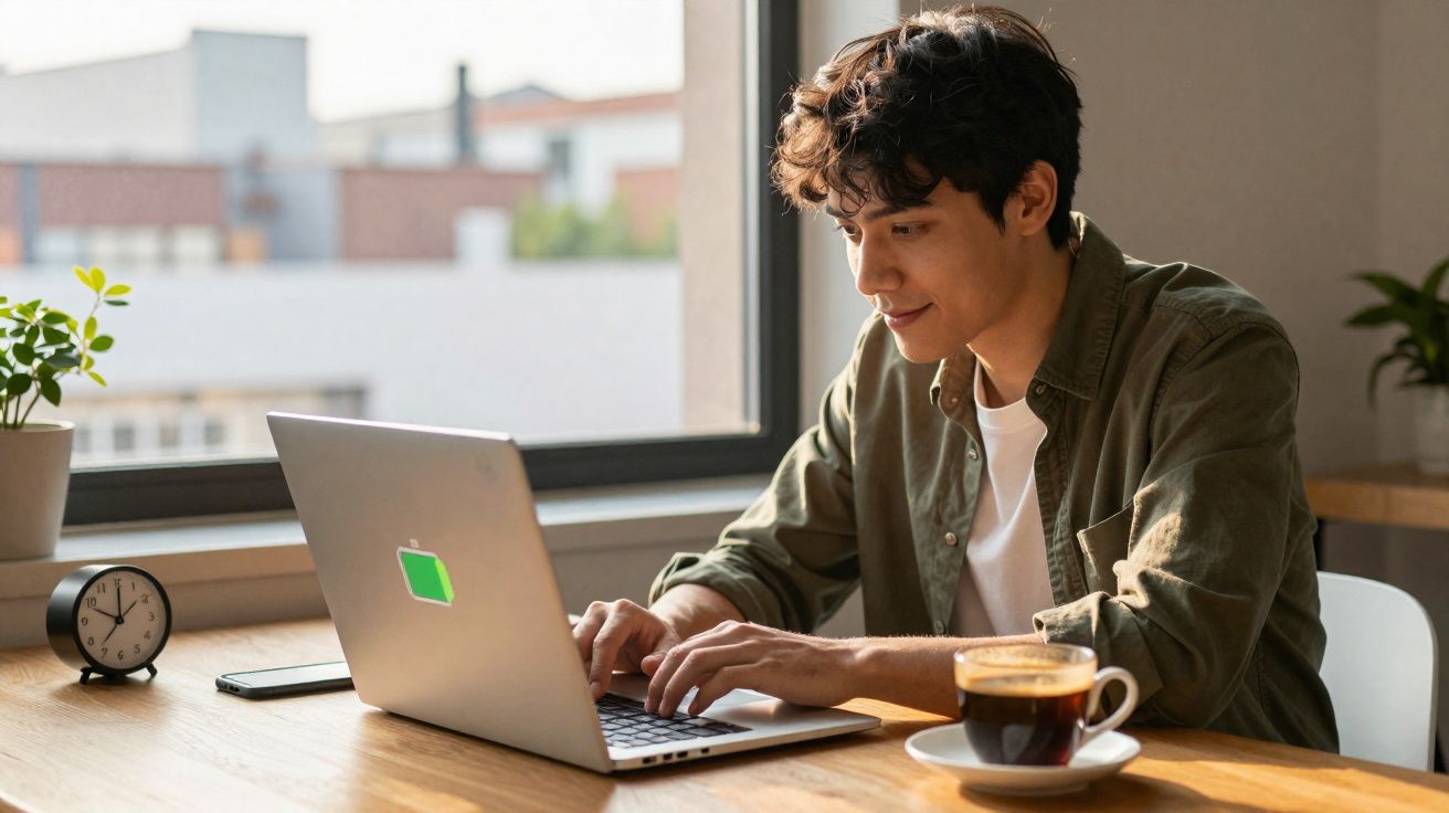 Jovem trabalhando no laptop em uma mesa com café, relógio e plantas perto da janela durante o dia.