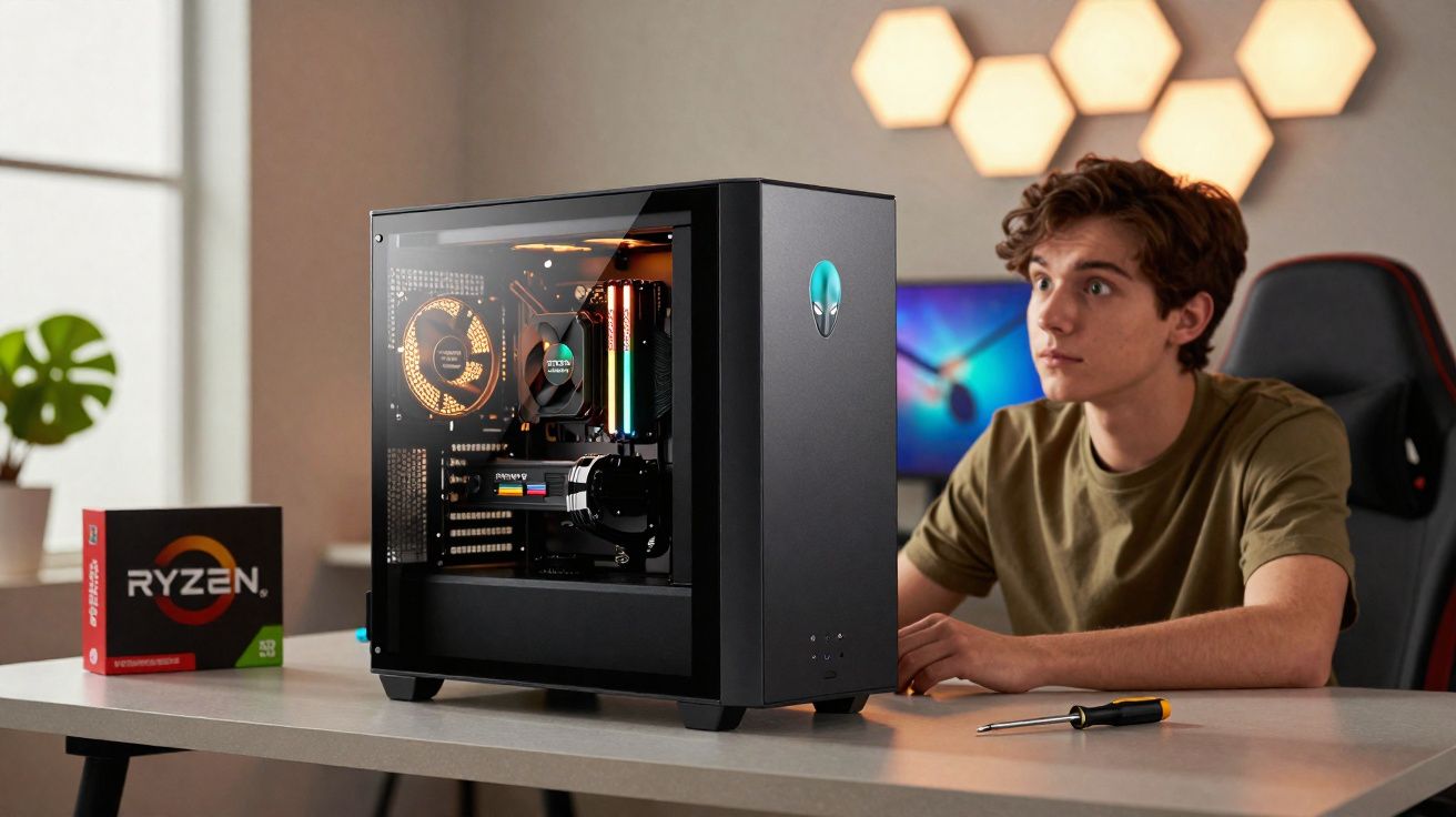 Jovem sentado em mesa observando gabinete de PC gamer com iluminação interna, ao lado de caixa Ryzen e chave de fenda.