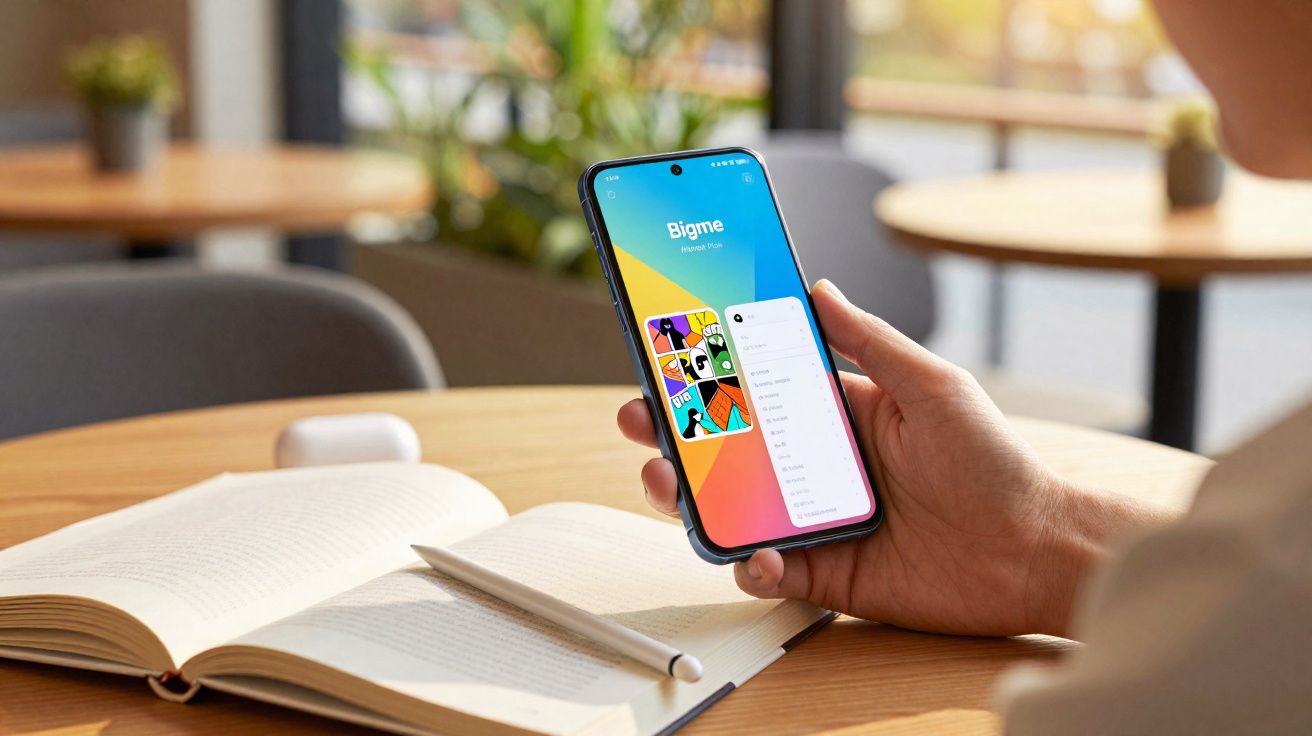 Pessoa segurando celular com aplicativo aberto, sobre mesa com livro aberto e caneta branca.