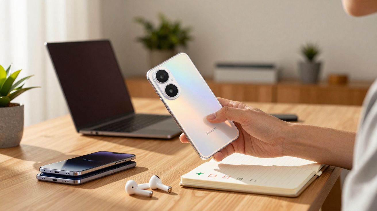 Pessoa segurando smartphone branco em mesa com laptop, caderno, fones e dois celulares dobráveis empilhados.