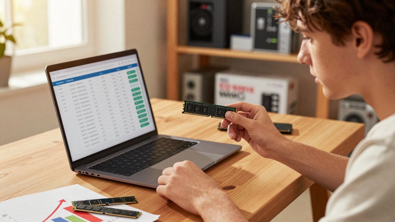 Jovem analisando e segurando módulo de memória RAM próximo a notebook com gráficos e planilhas na tela.