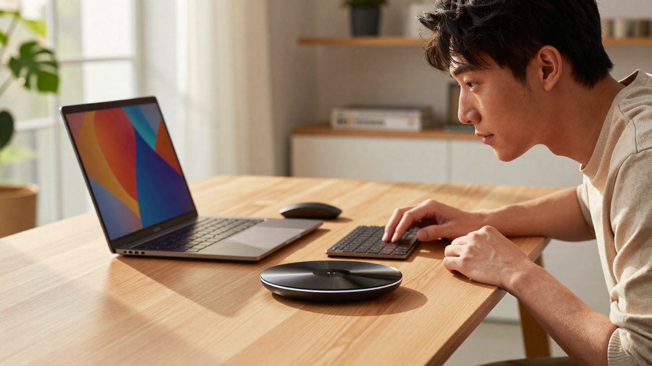 Homem usando computador portátil e teclado externo em mesa de madeira clara em ambiente iluminado.