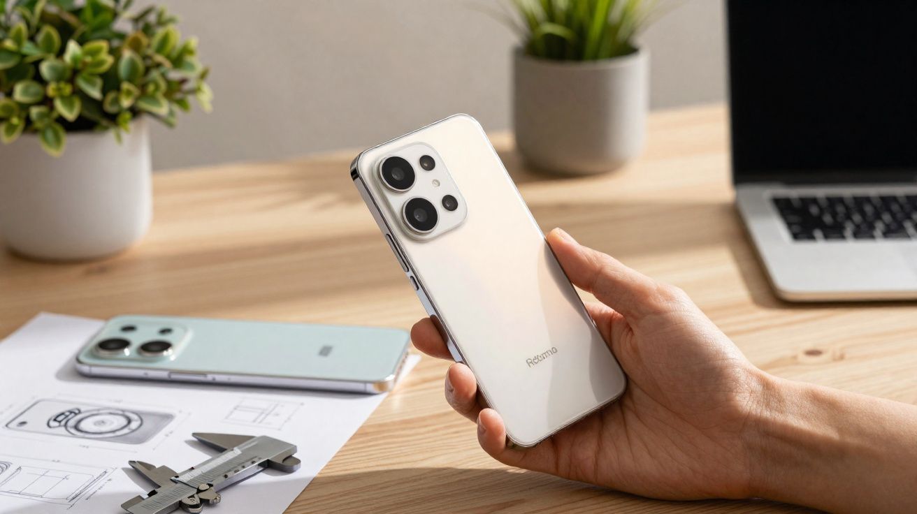 Mão segurando smartphone branco com câmera tripla, mesa com outro celular, plantas, bancada e laptop.