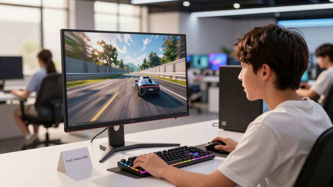 Jovem jogando videogame de corrida em computador com teclado RGB em sala com outras pessoas ao fundo.