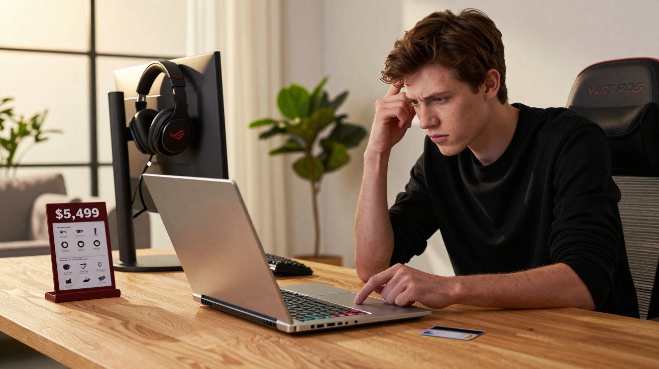 Jovem sentado à mesa usando notebook, com cartão de crédito e monitor ao fundo em ambiente doméstico.
