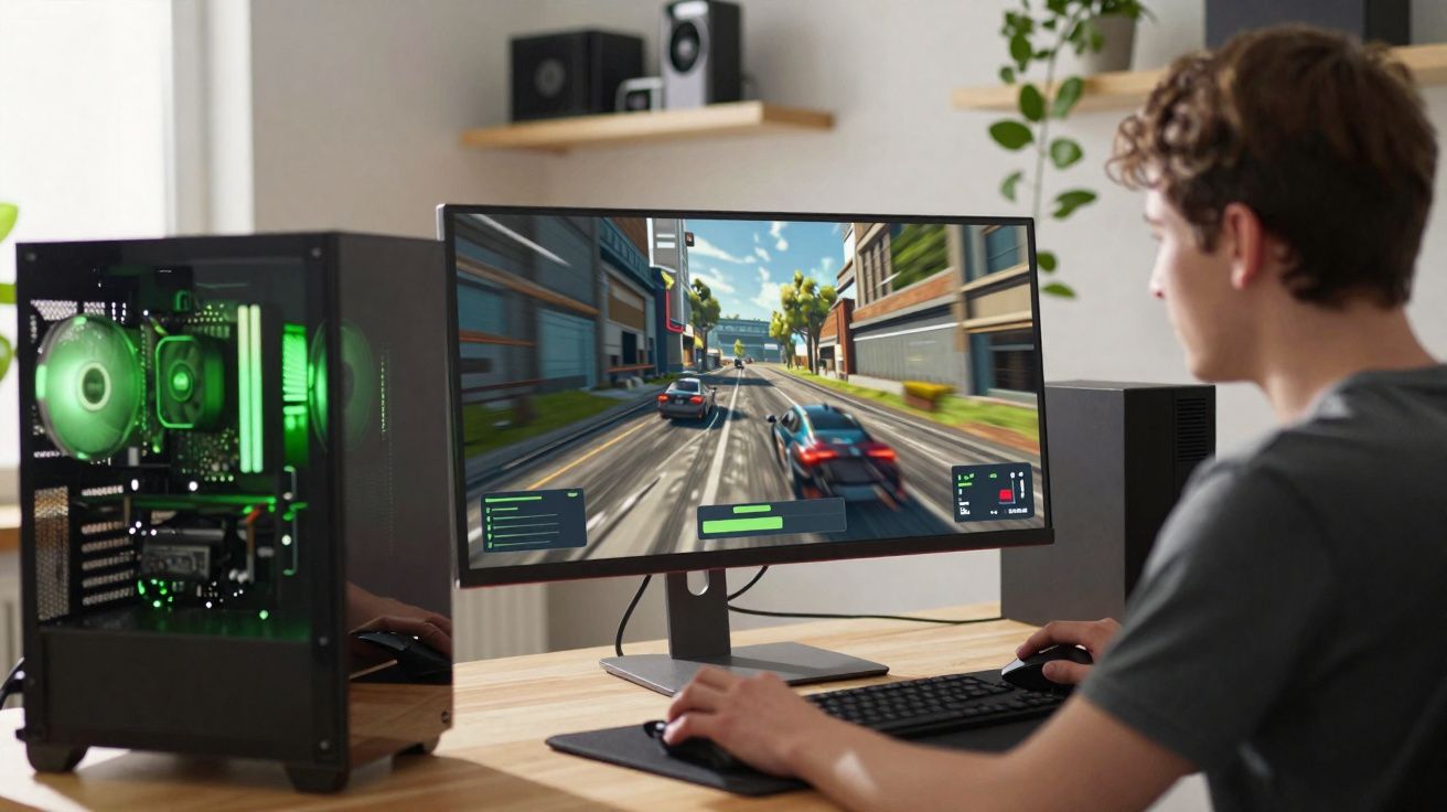 Jovem jogando jogo de corrida em videogame de PC com iluminação verde em ambiente interno moderno.