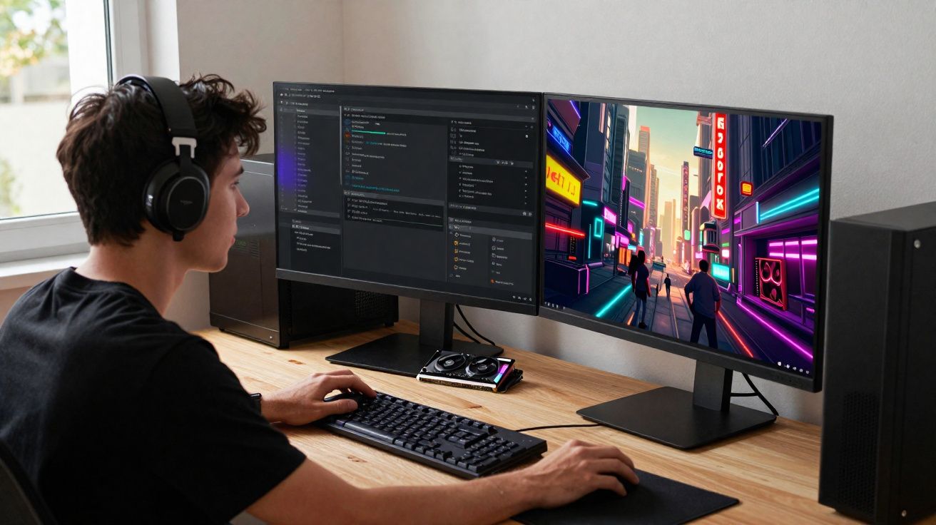 Jovem usando fones de ouvido programando em computador com tela dupla, mesa de madeira e luz natural.