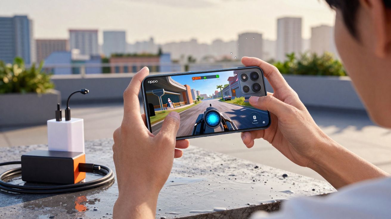 Pessoa jogando jogo de corrida em smartphone Oppo ao ar livre com carregador e prédio ao fundo.