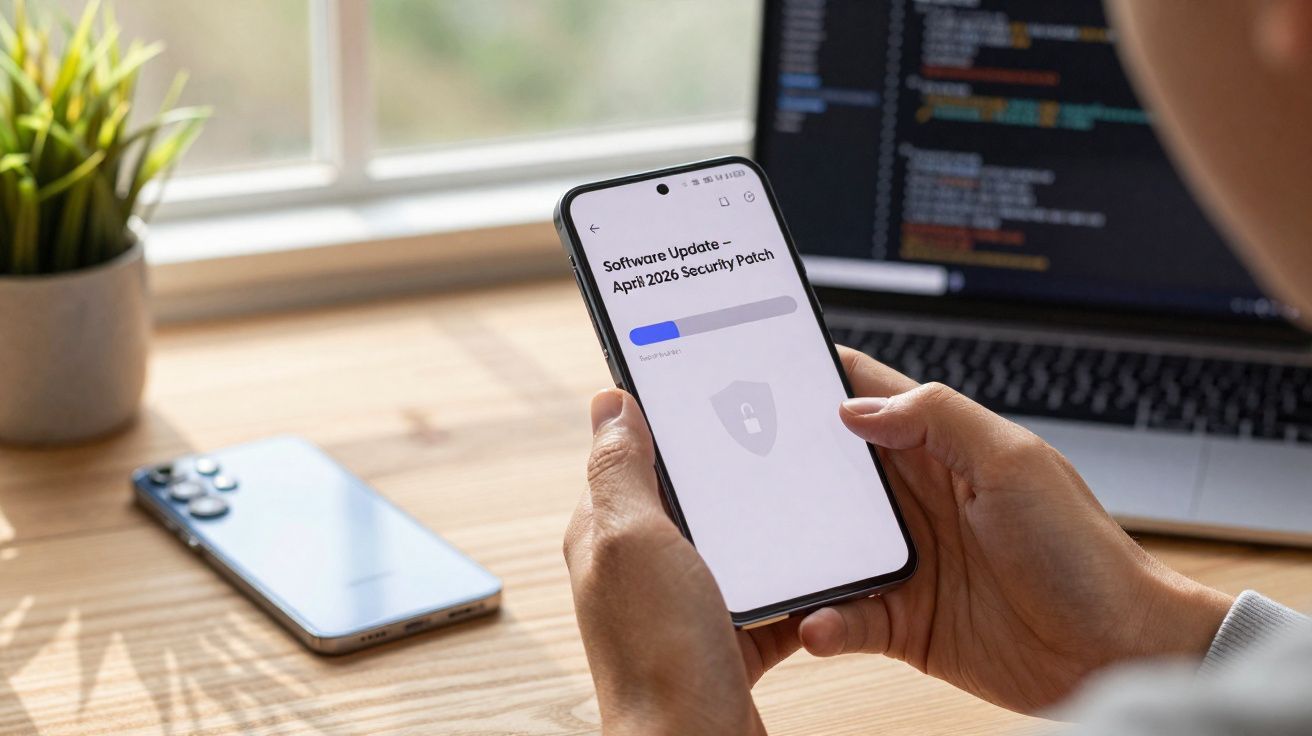 Pessoa segurando celular que mostra atualização de software de segurança em progresso em mesa com laptop e planta ao fundo.