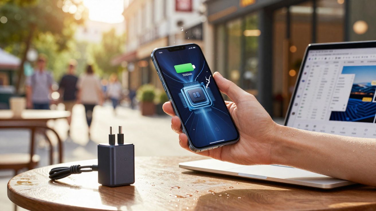 Pessoa segurando celular com tela de carregamento rápido e carregador em mesa com notebook ao fundo.