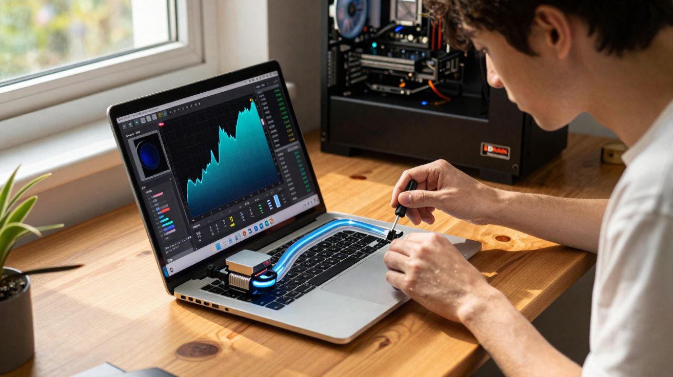 Pessoa realizando manutenção em notebook com gráficos financeiros na tela em mesa de madeira.