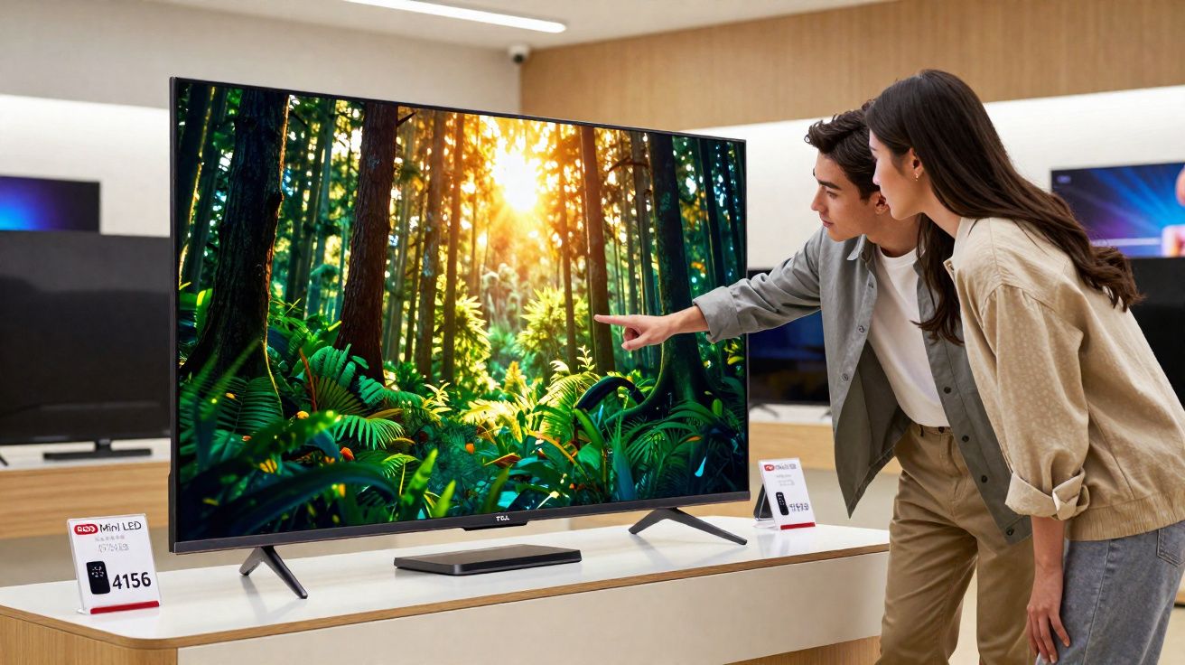 Casal observa e aponta para uma TV exibindo imagem vívida de floresta com luz do sol.