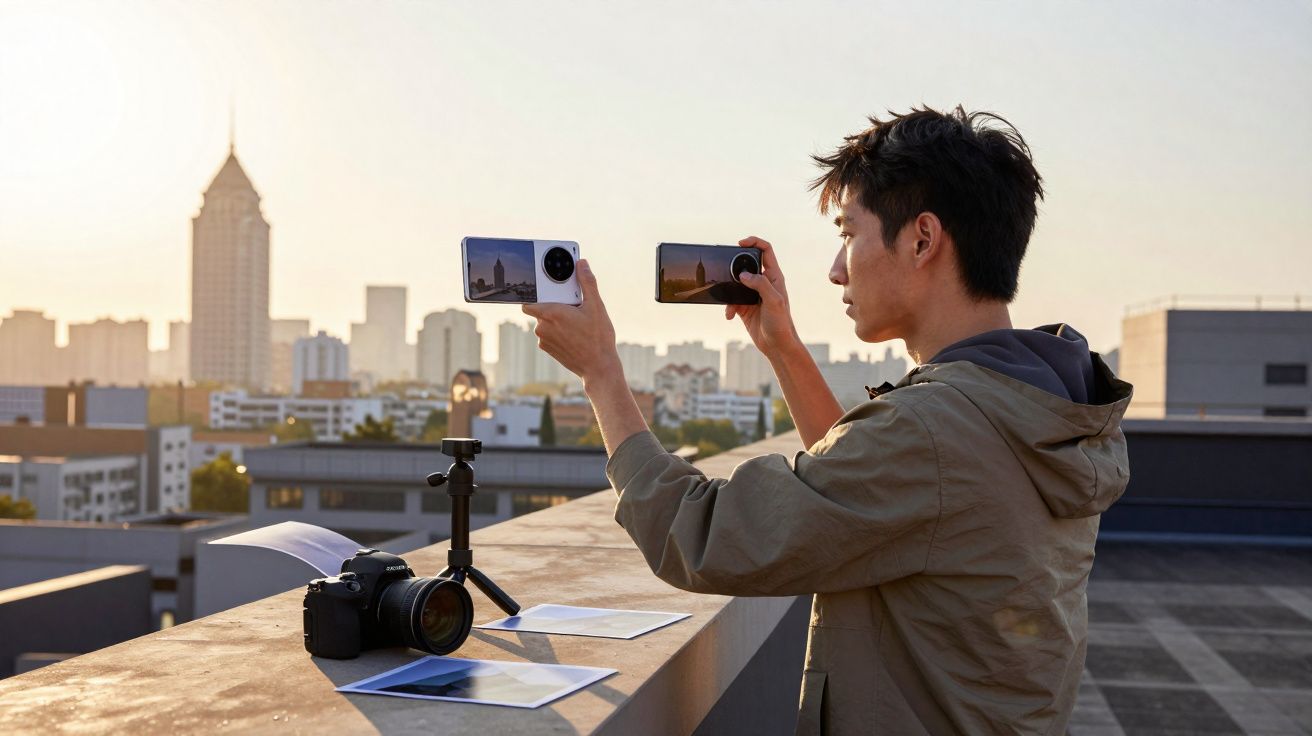 Homem tira fotos de um cenário urbano ao pôr do sol com dois smartphones na cobertura de um prédio.