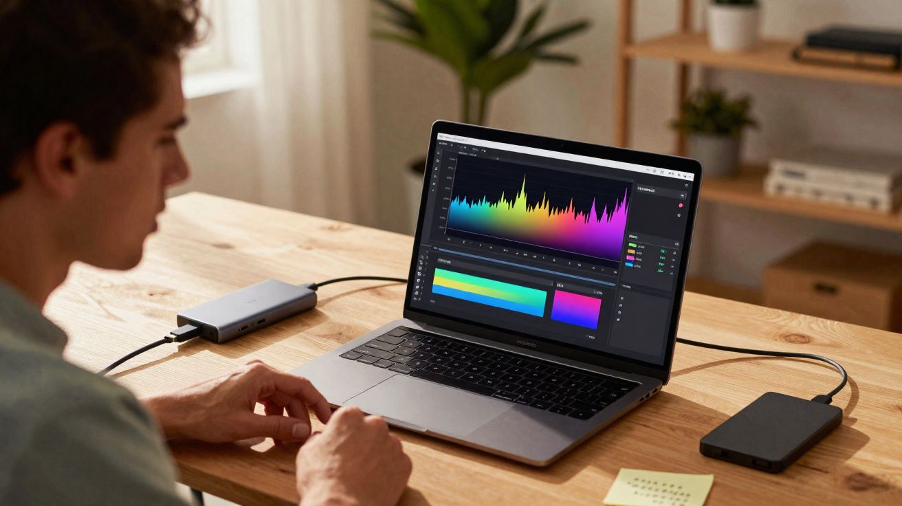 Pessoa trabalhando em edição de áudio ou vídeo em notebook com visualização de gráficos coloridos na tela