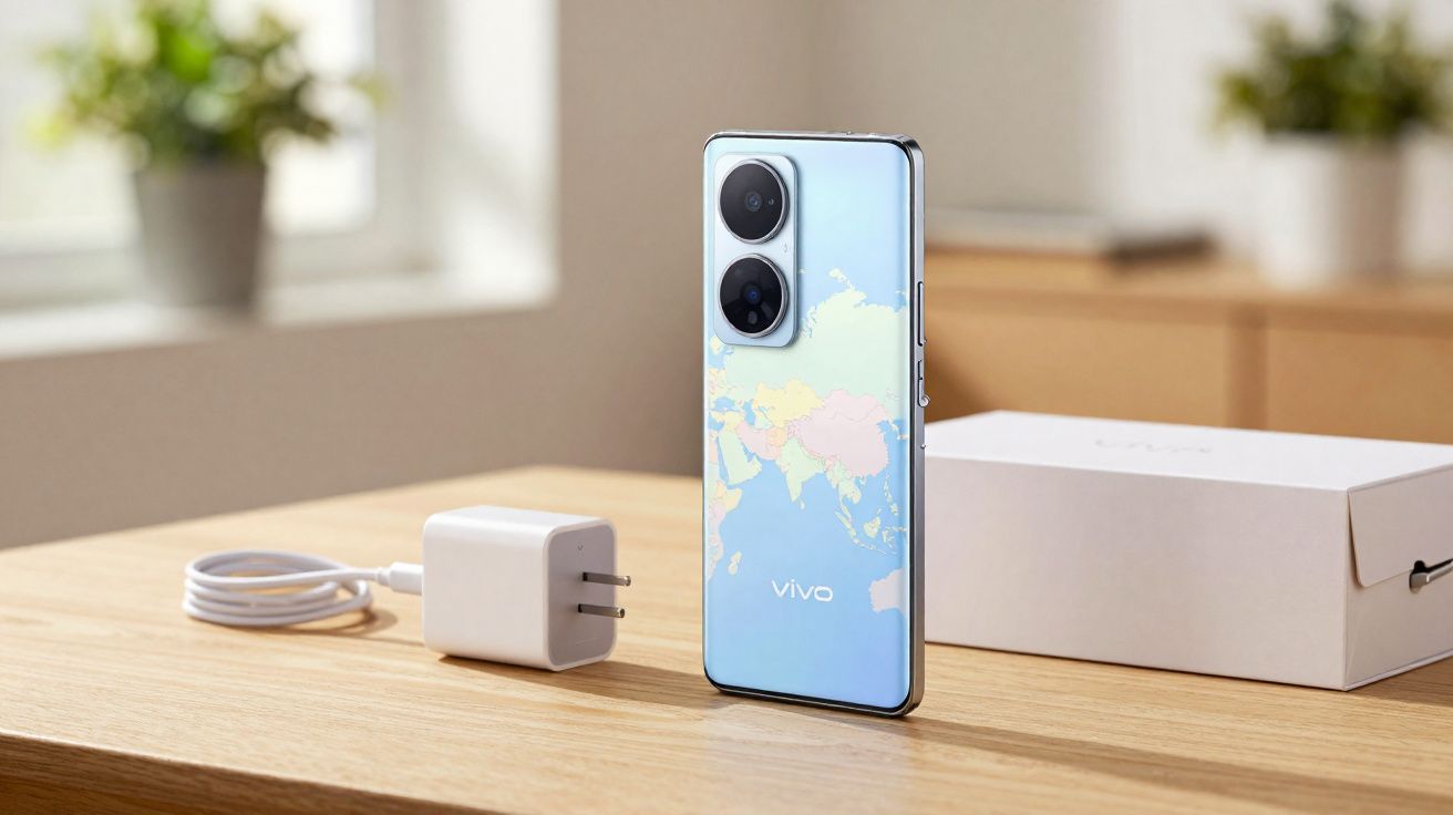 Smartphone Vivo com capinha azul e mapa, carregador branco e caixa sobre mesa de madeira.