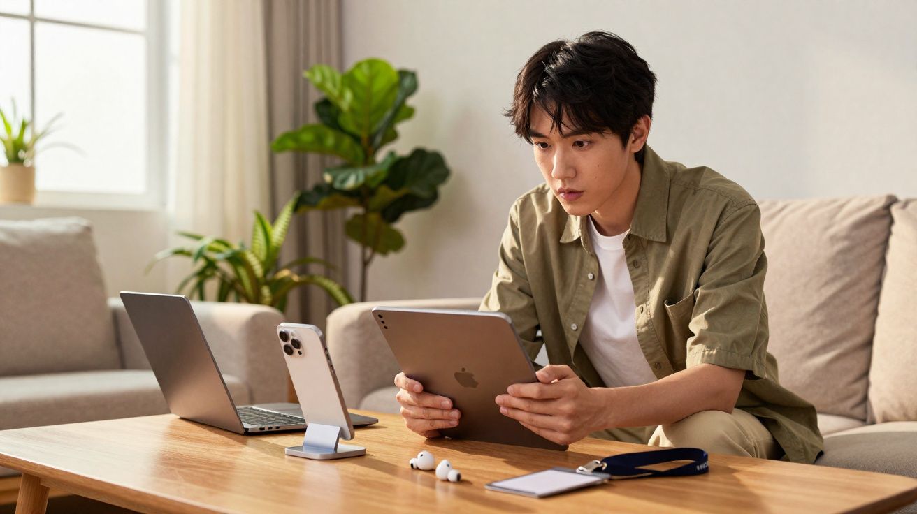 Homem sentado no sofá usando tablet, com laptop, celular e fones em mesa de madeira à sua frente.