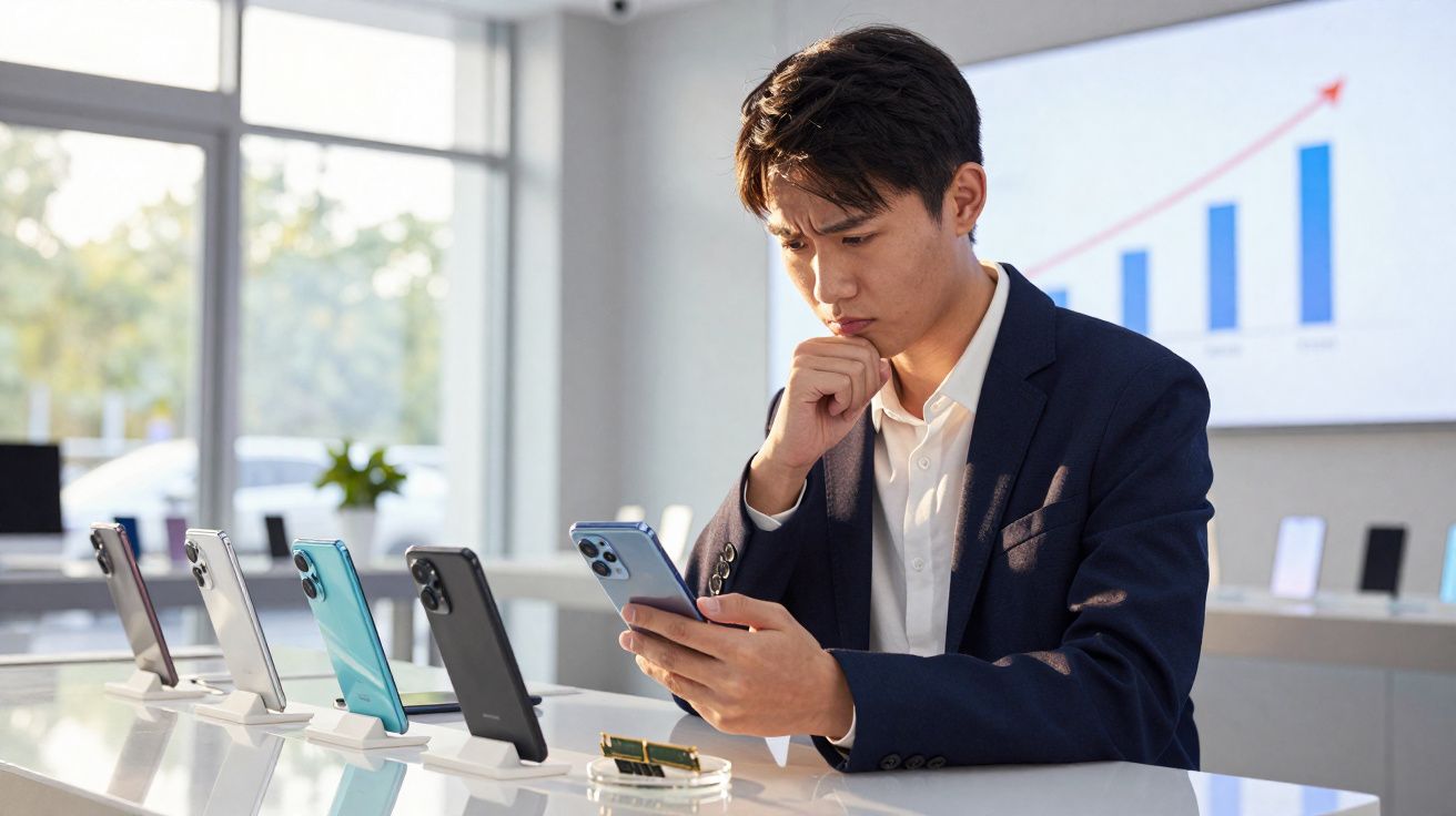 Homem em terno avaliando um celular em loja de tecnologia com vários modelos expostos e gráfico ao fundo.