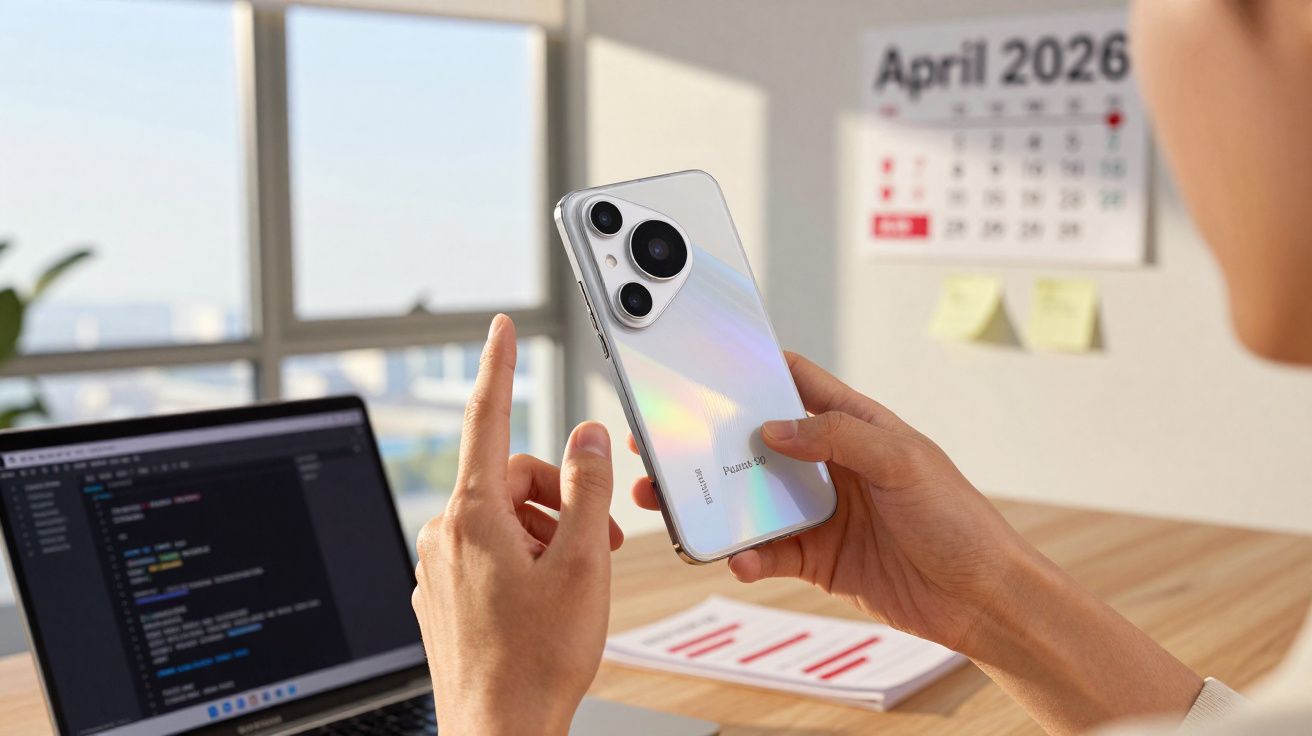 Pessoa segurando smartphone branco com câmera tripla em frente a laptop e calendário de abril de 2026.