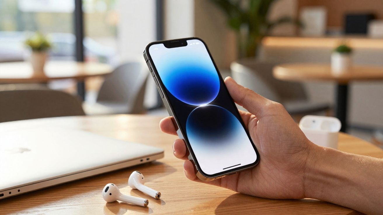 Pessoa segurando smartphone moderno com fones de ouvido sem fio sobre mesa de madeira.