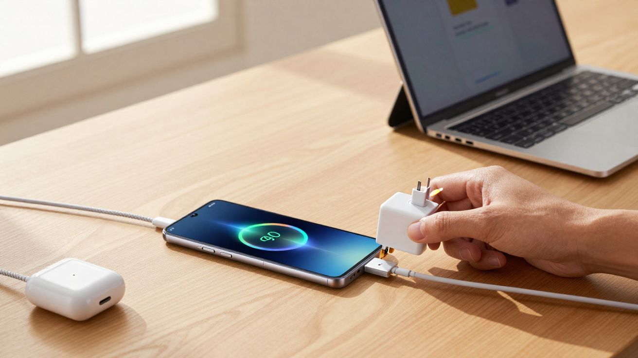 Pessoa segurando carregador enquanto celular com 90% de bateria carrega sobre mesa de madeira ao lado de notebook aberto.