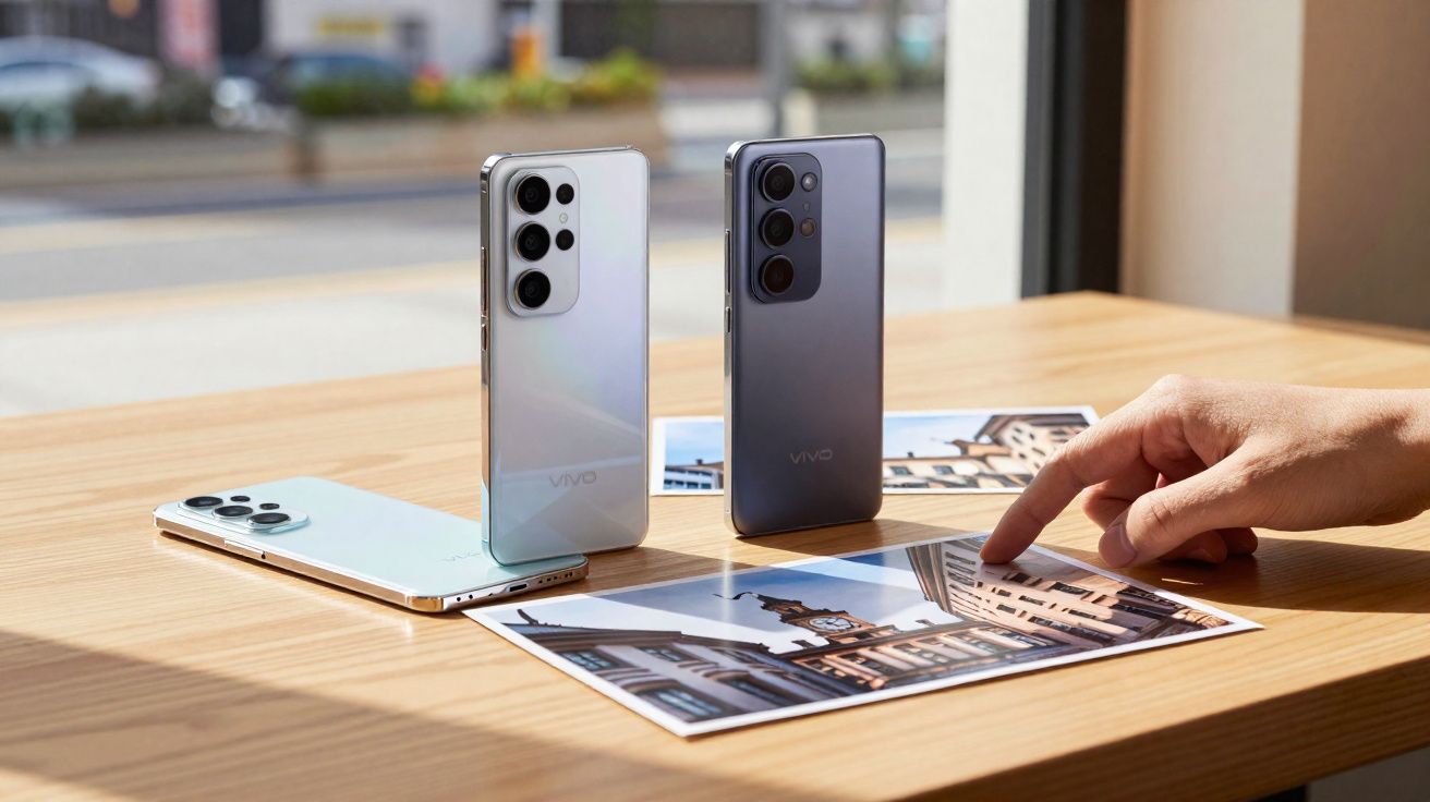 Dois celulares Vivo em pé sobre mesa de madeira e uma mão apontando para fotos impressas.