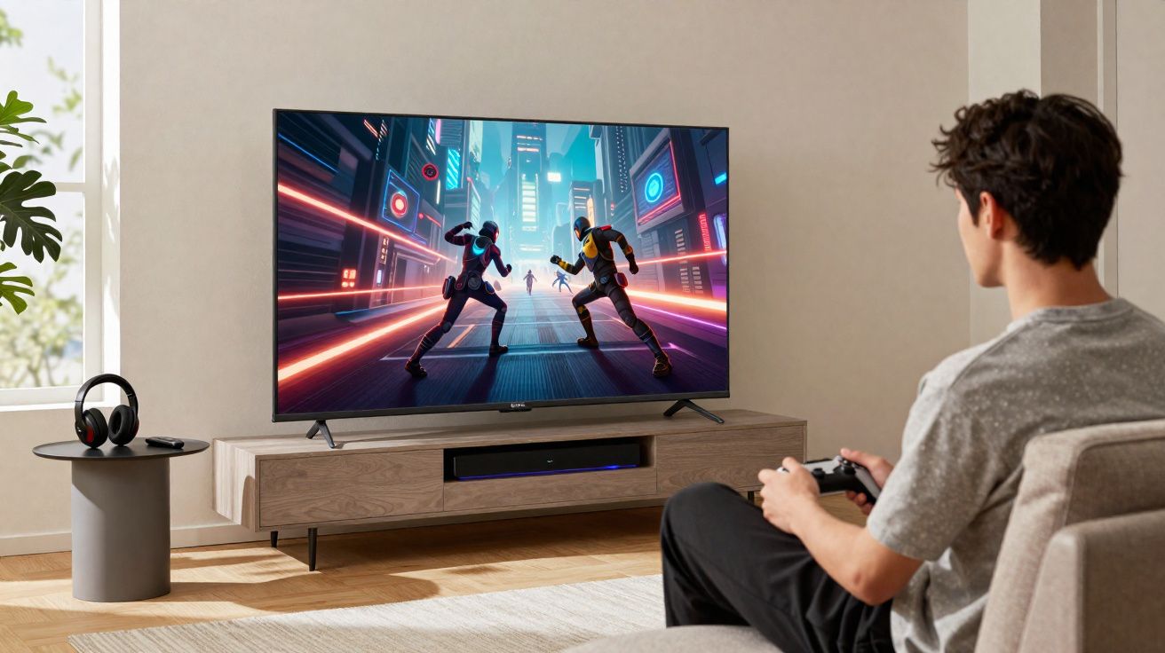 Jovem sentado no sofá jogando videogame de luta futurista em uma televisão grande na sala.