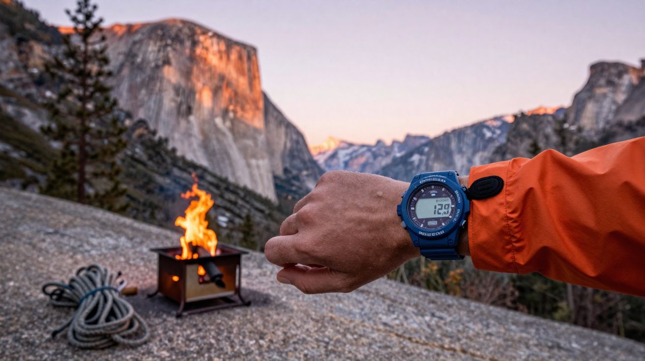 Braço com relógio digital azul e jaqueta laranja, fogueira e corda em pedra com montanhas ao fundo.