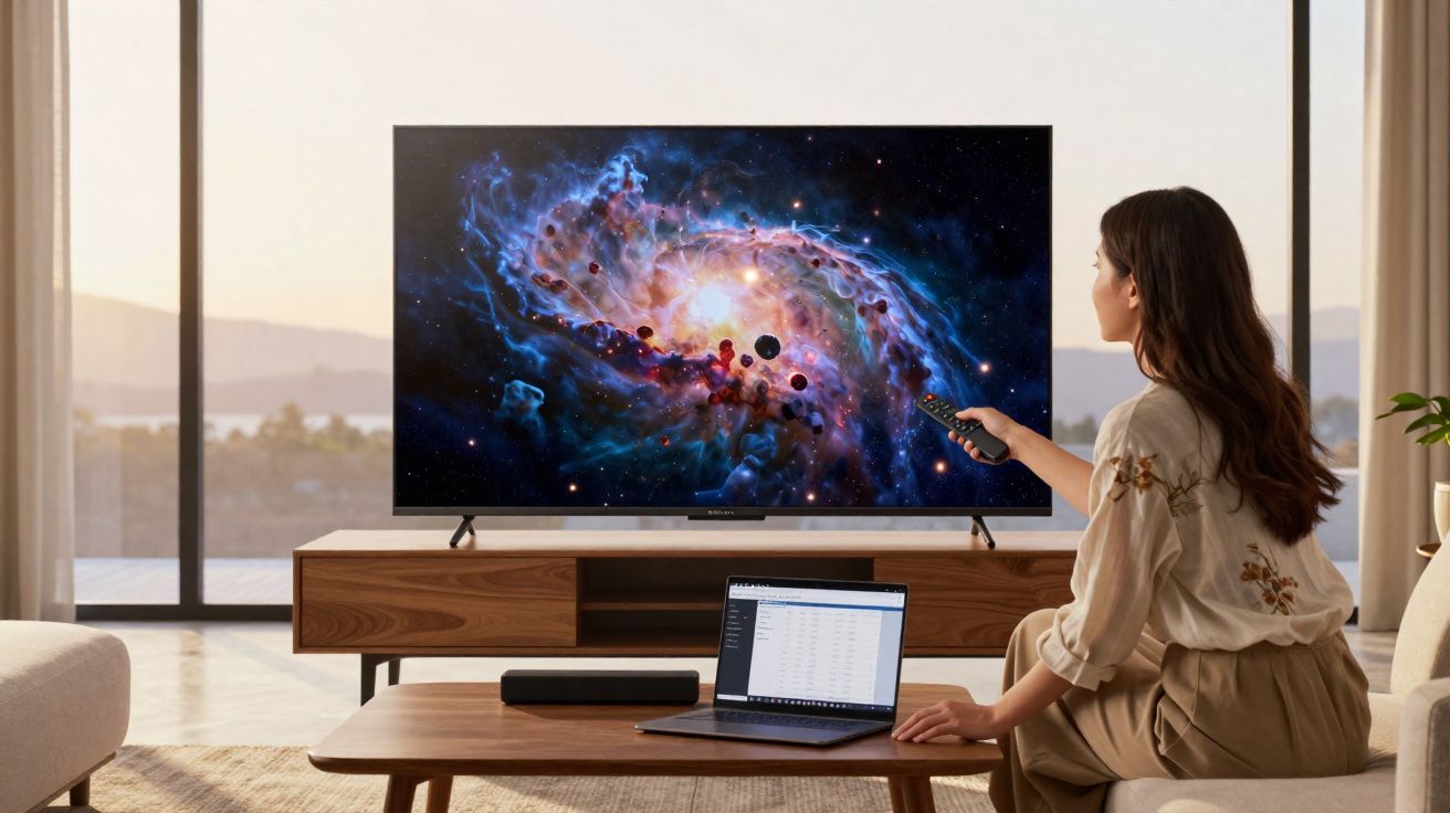 Mulher assistindo TV com imagem de galáxia, controle na mão e laptop sobre mesa de centro.