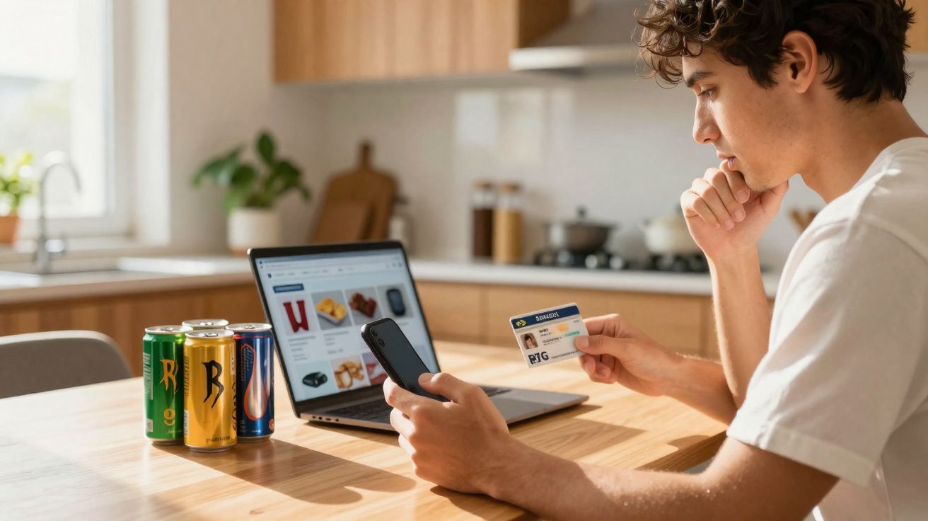 Jovem faz compras online com cartão de crédito, celular e laptop numa cozinha iluminada.