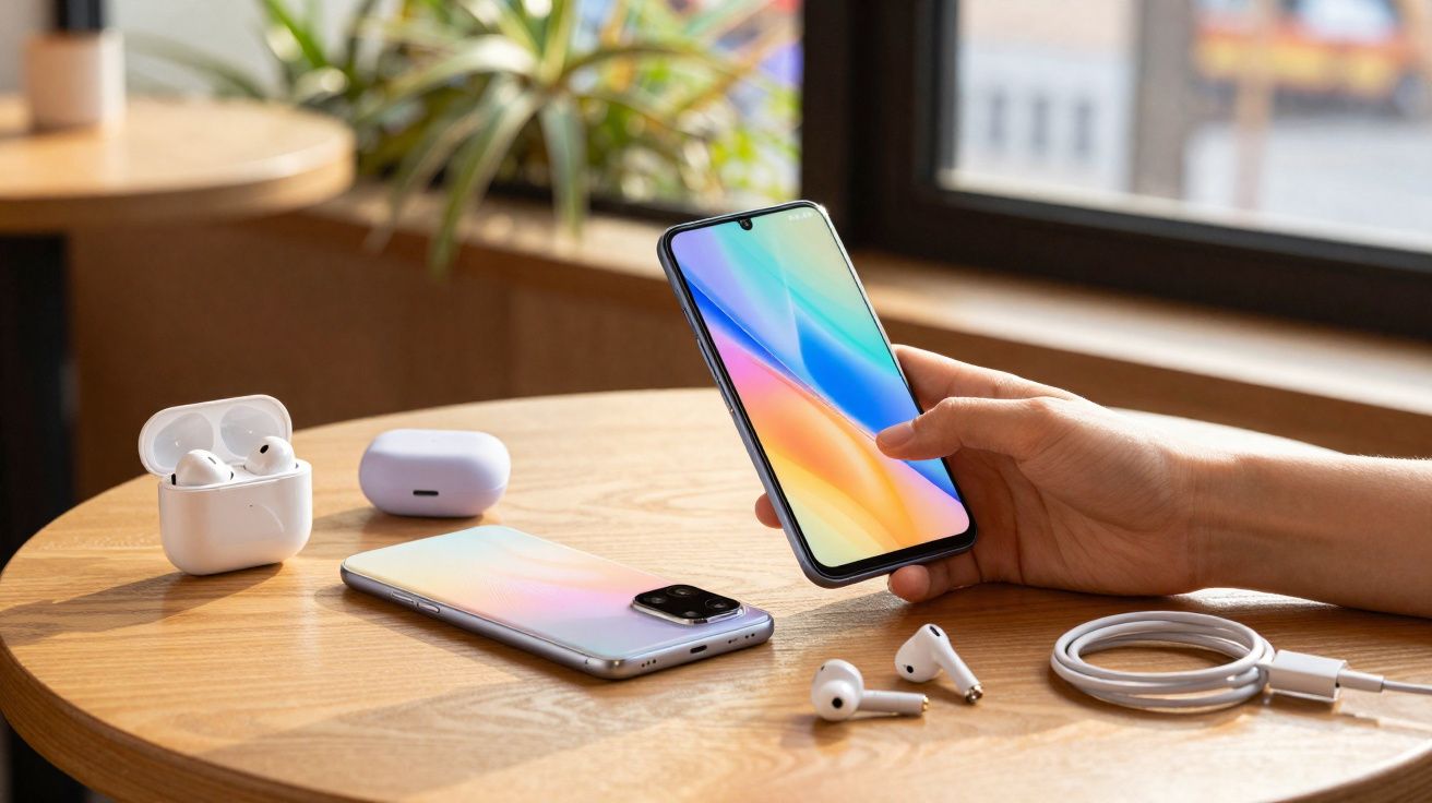 Mesa de madeira com dois celulares, fones de ouvido sem fio, carregador e uma mão segurando um smartphone.