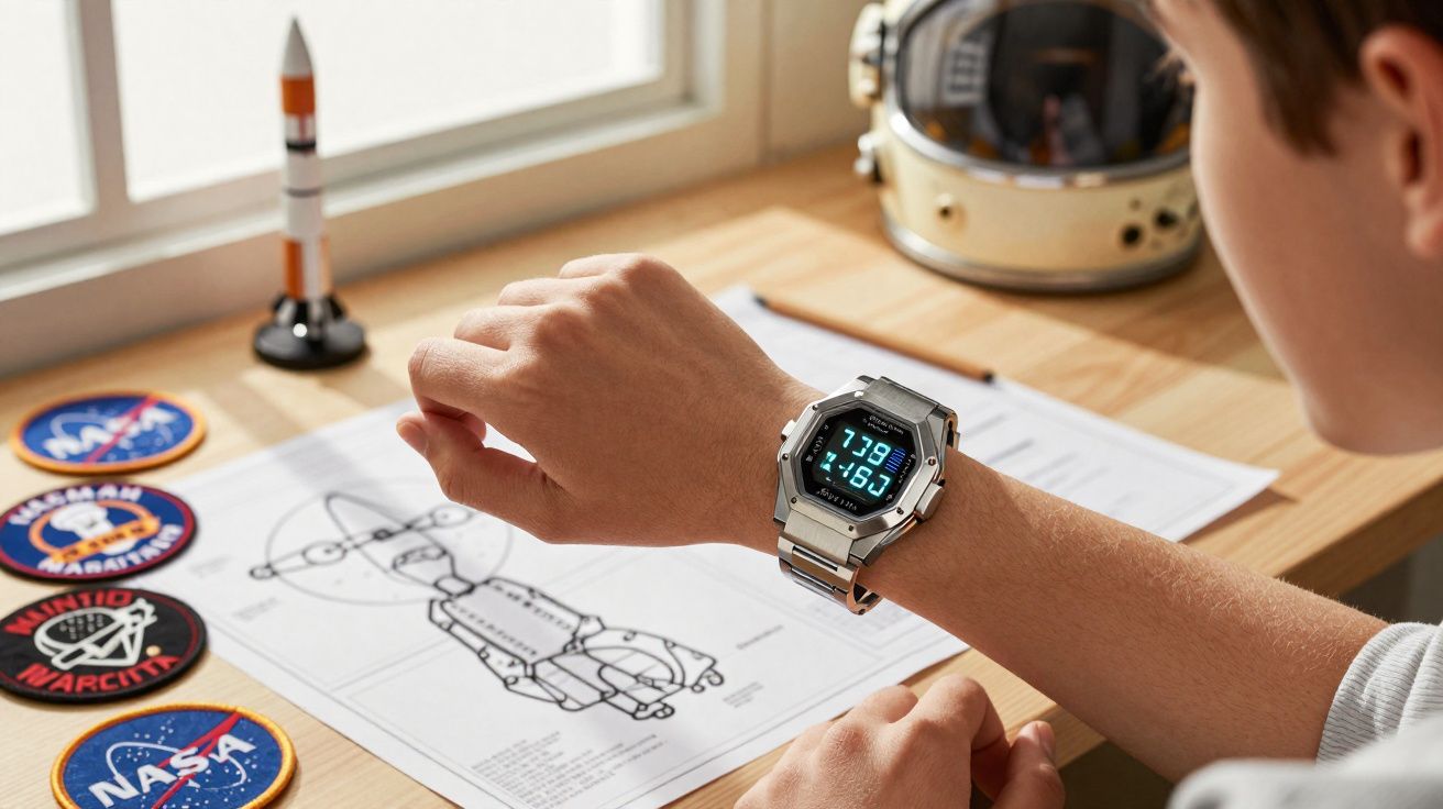 Criança com relógio digital cinza observa projeto de robô em mesa com capacete e adesivos de espaço.