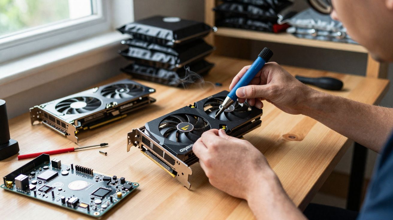 Pessoa usando ferramenta para consertar placa de vídeo em mesa com outras peças de hardware.