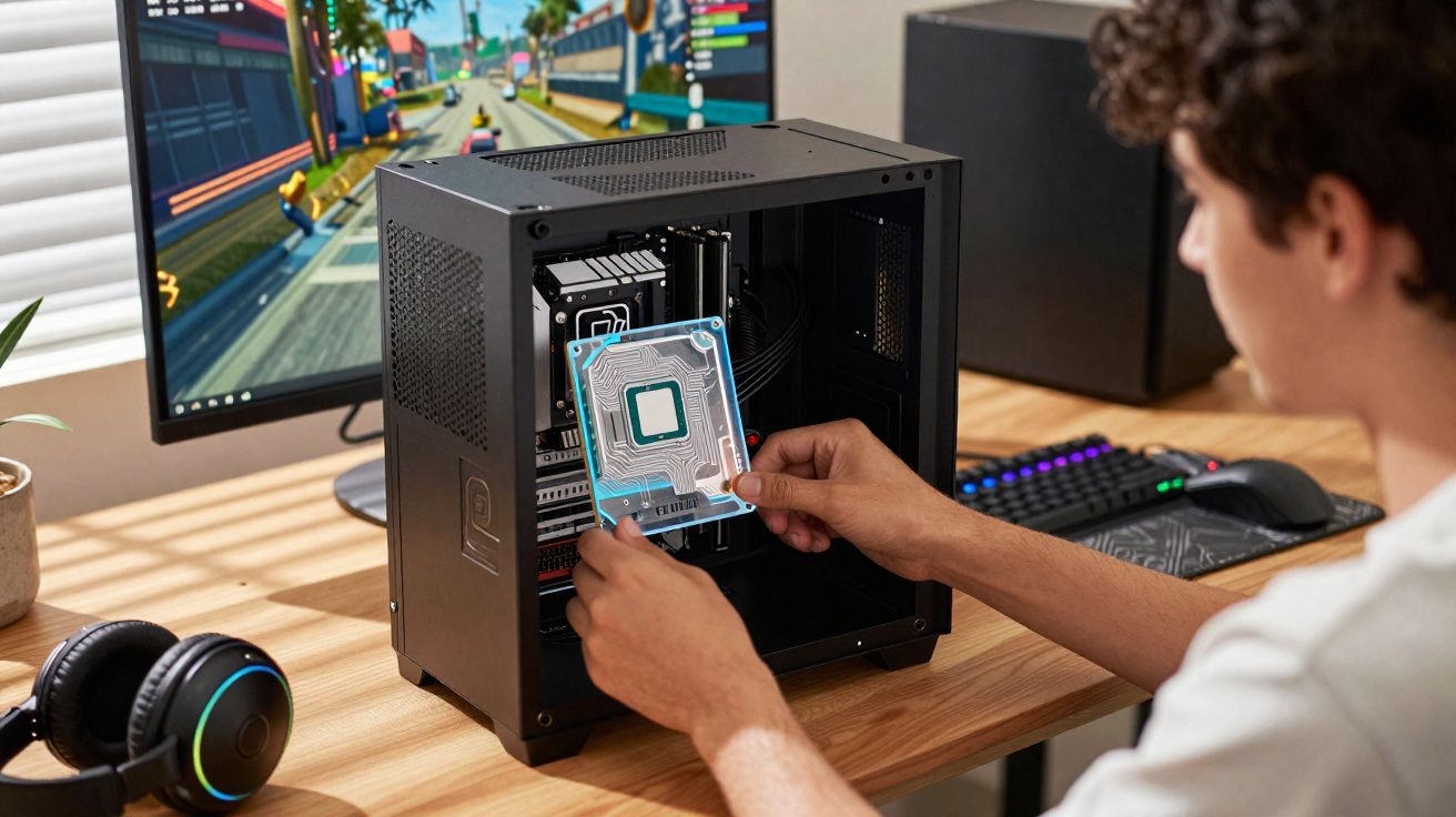 Pessoa instalando componente de computador em gabinete preto com jogo em monitor ao fundo