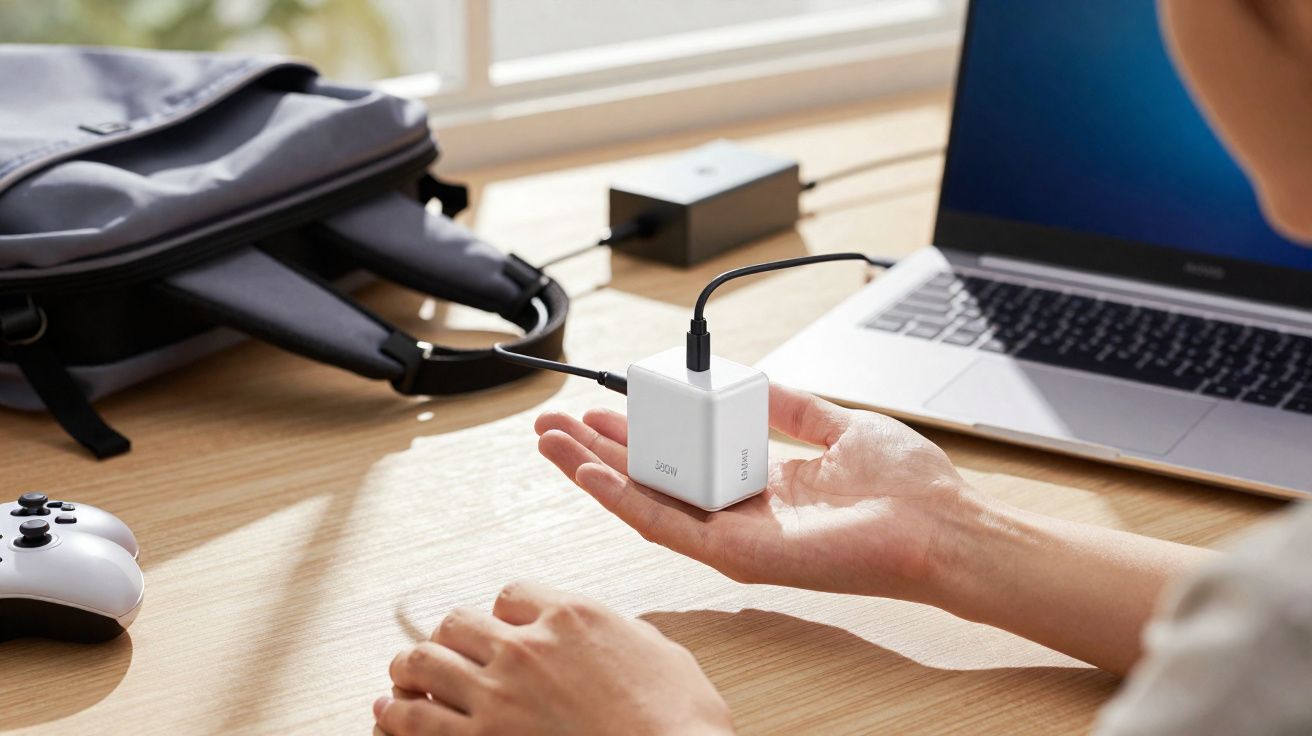 Mão segurando carregador USB branco conectado a notebook em mesa com mochila e controle game.