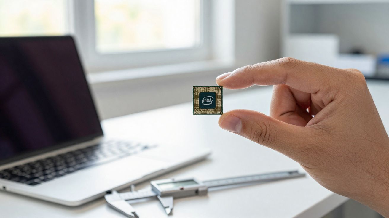 Mão segurando pequeno chip Intel próximo a laptop e paquímetro em mesa branca.