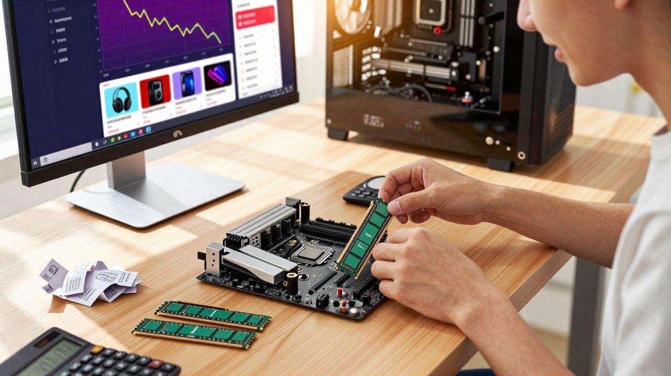Pessoa instalando memória RAM em placa-mãe, com computador e monitor à frente mostrando gráfico financeiro.