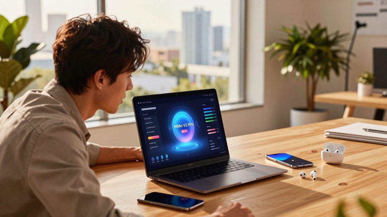 Jovem sentado em mesa de madeira observa tela de notebook com interface digital moderna em ambiente claro.