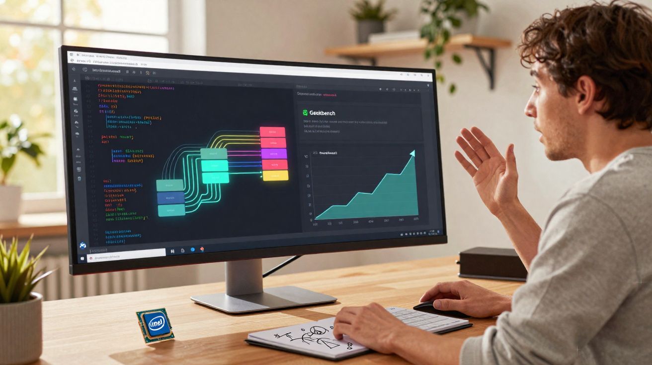 Homem trabalhando com código e gráfico de desempenho em monitor widescreen em ambiente claro e organizado.