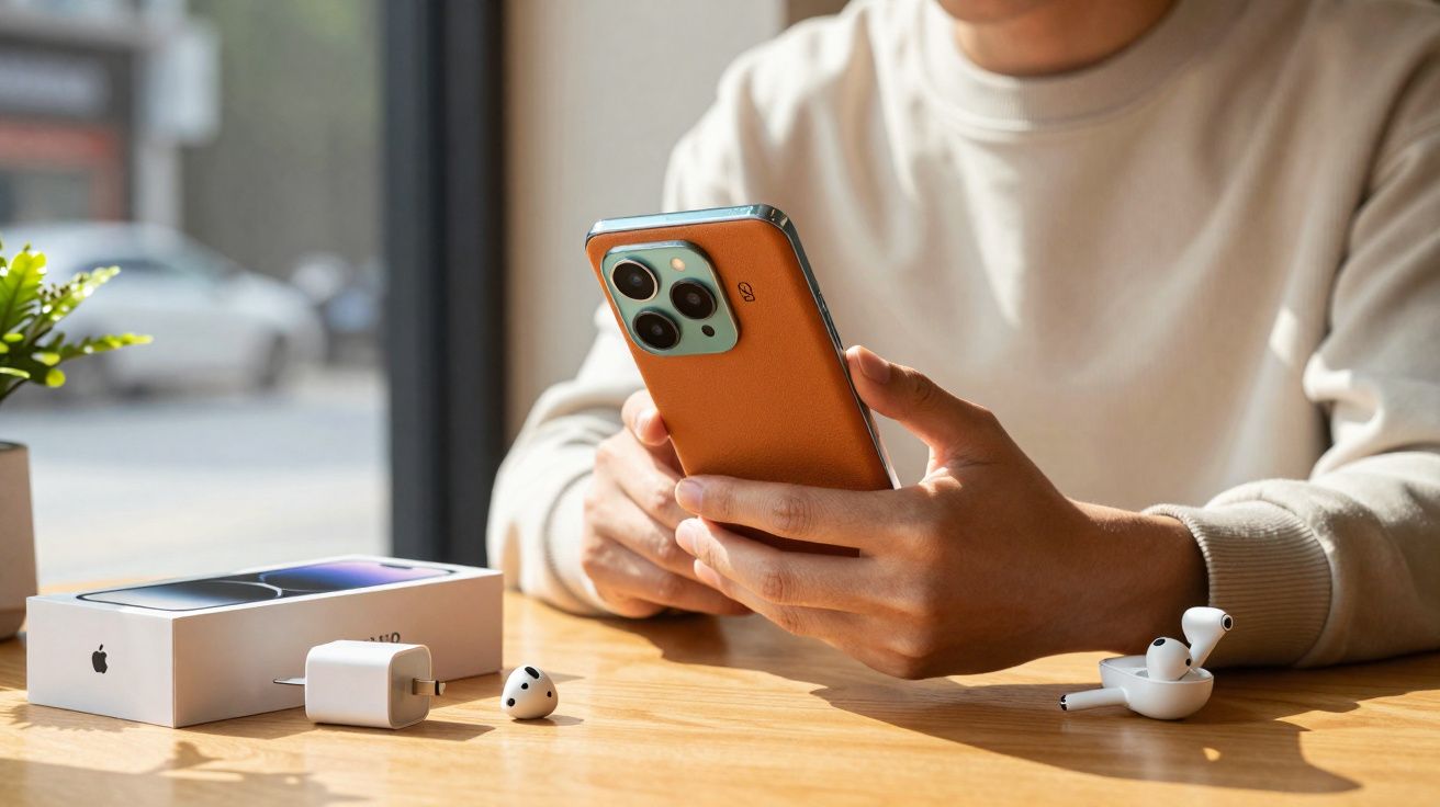 Pessoa segurando smartphone com capa marrom ao lado de caixa, carregador e fones de ouvido sem fio em mesa de madeira.