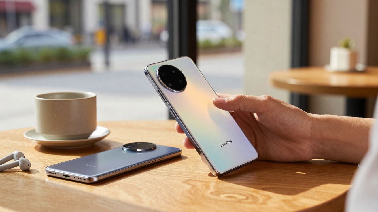 Pessoa segurando smartphone Google Pixel branco sobre mesa com outro celular, fones e xícara de café ao fundo.