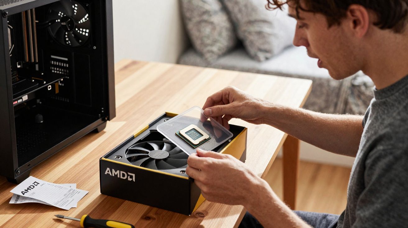 Homem instalando processador AMD em computador sobre mesa de madeira em ambiente doméstico.