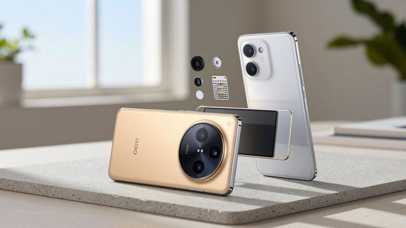 Dois smartphones modernos, um dourado e um branco, com destaque para câmeras e sensores traseiros.