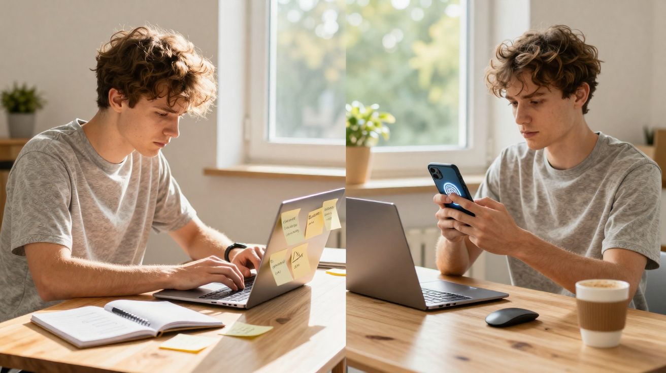 Jovem trabalhando em laptop e depois usando smartphone, sentado à mesa com café e caderno.