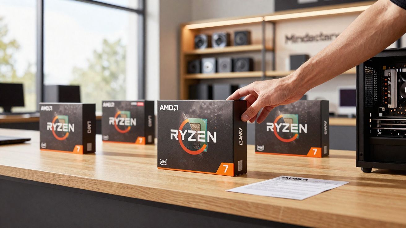 Caixa de processador AMD Ryzen 7 sobre mesa de madeira com mão pegando uma unidade e outras caixas ao fundo.