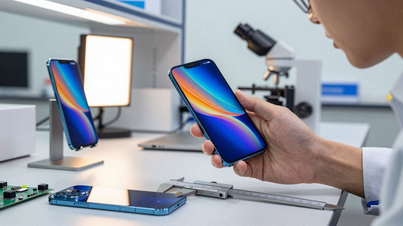 Pessoa segurando smartphone azul em mesa com outro celular, equipamento de medição e microscópio.
