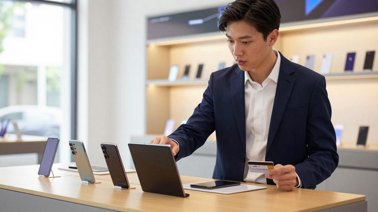 Homem em terno usando um tablet em loja de eletrônicos com vários celulares à venda.