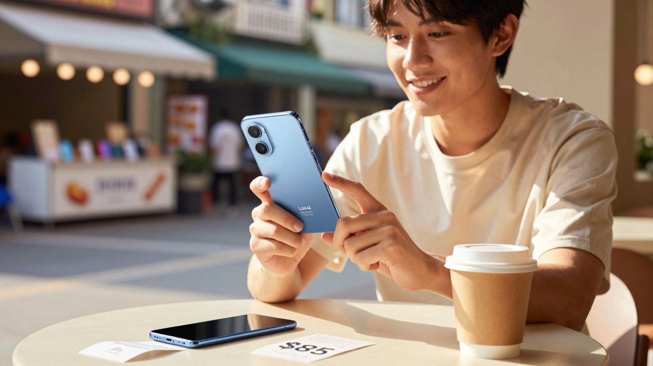Jovem sorrindo enquanto usa smartphone azul em mesa de cafeteria ao ar livre com café e celular.