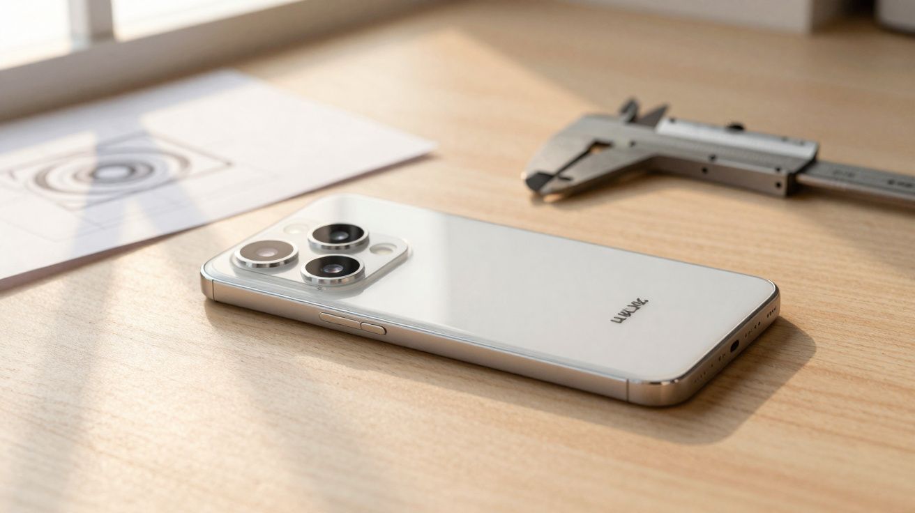 Smartphone branco Xiaomi 12T com câmeras traseiras visível sobre mesa de madeira clara.