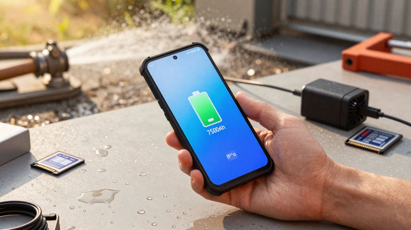 Pessoa segurando celular com proteção e bateria de 7.500 mAh na tela, carregando sobre mesa molhada.