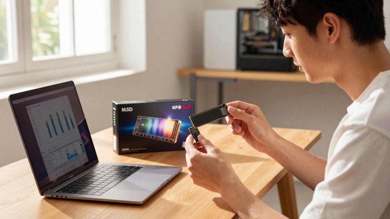 Jovem segurando um SSD NVMe ao lado de um notebook aberto com gráficos na tela, em uma mesa de madeira.